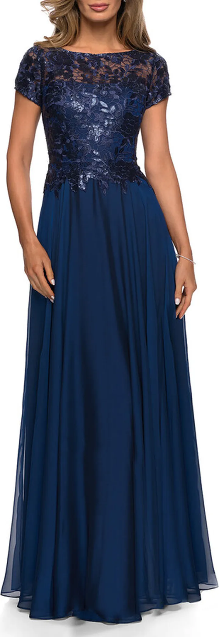 Chiffon Skirt Metallic Lace Evening Dress