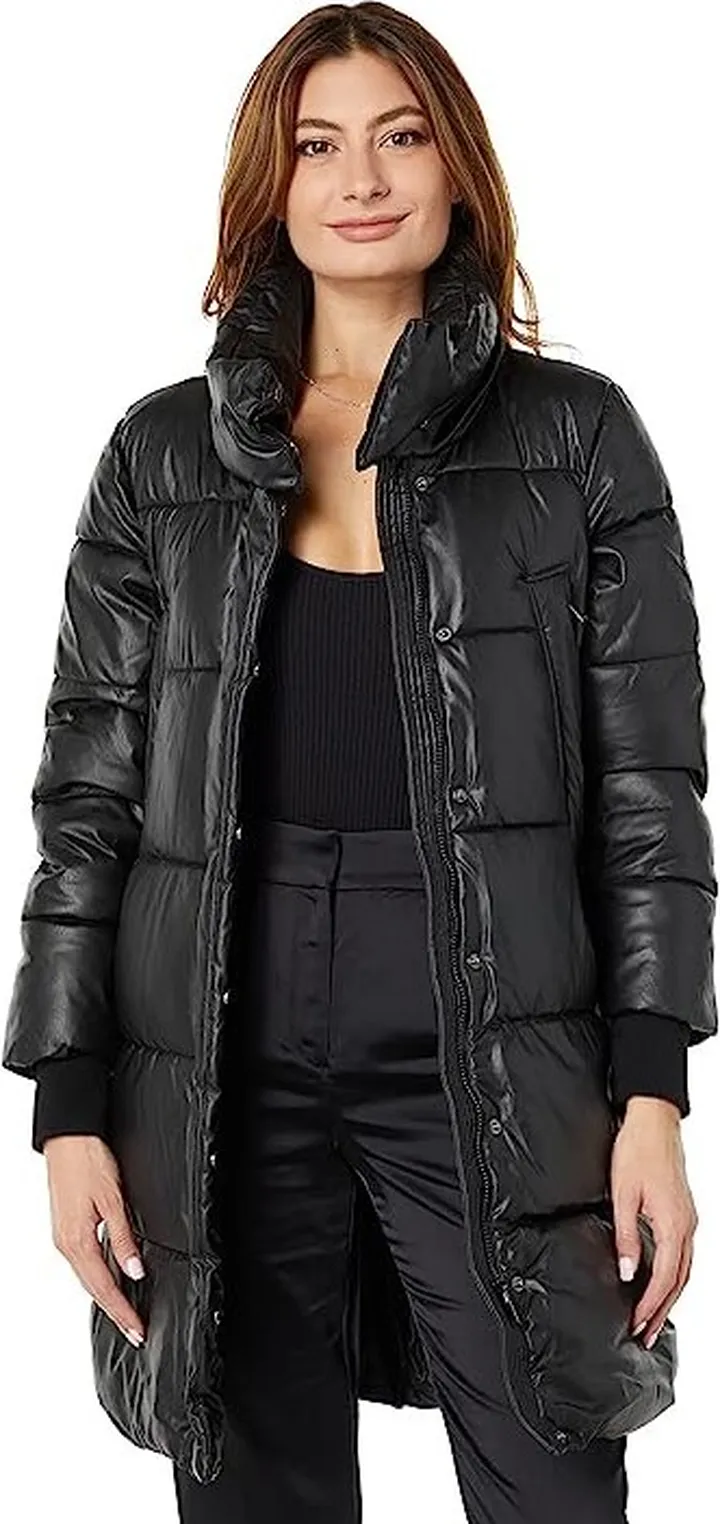 NVLT Faux Leather Long Puffer (Black) Women's Clothing