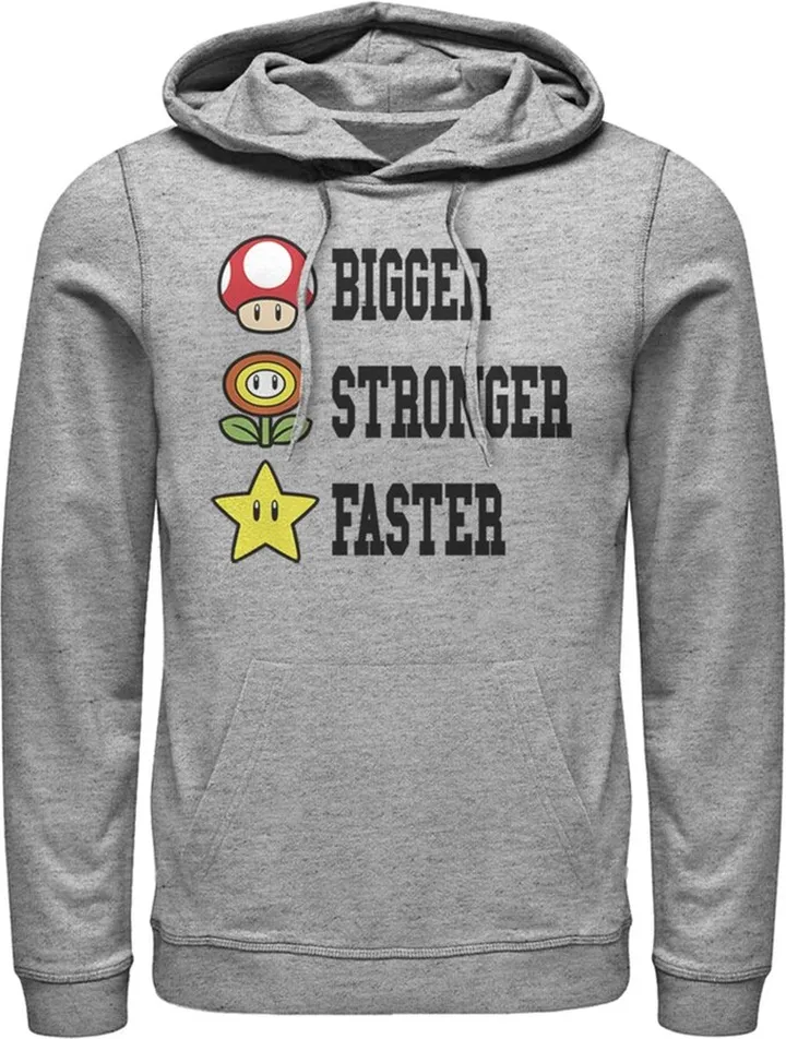 Men's Nintendo Mario Bigger Stronger Faster Pull Over Hoodie - Athletic Heather - Medium