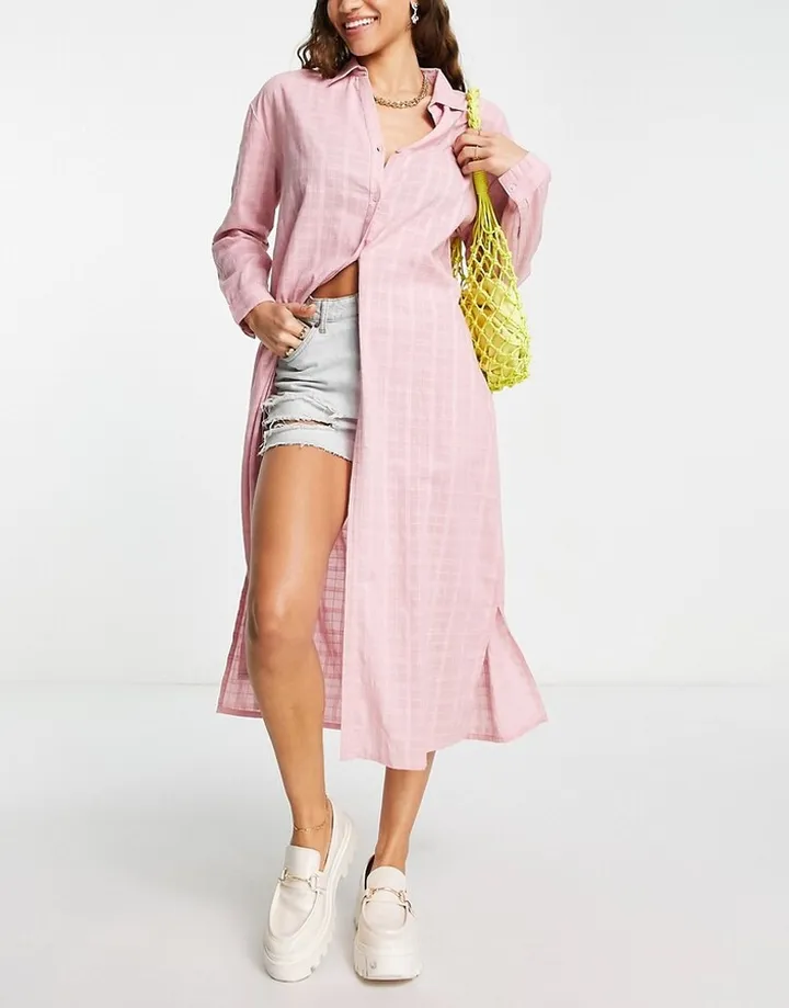 Topshop check maxi beach shirt in pink