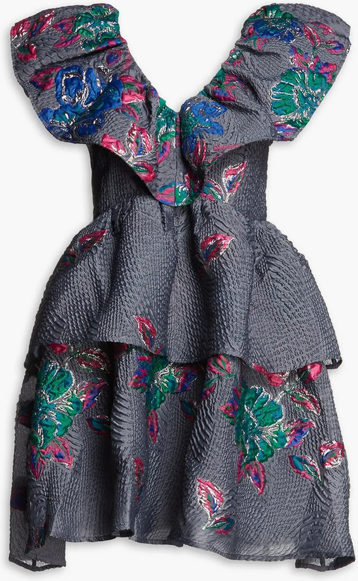 Ruffled floral-print cloqué-jacquard mini dress