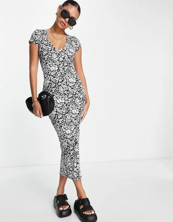 ASOS DESIGN short sleeve midi shirt dress in mono floral
