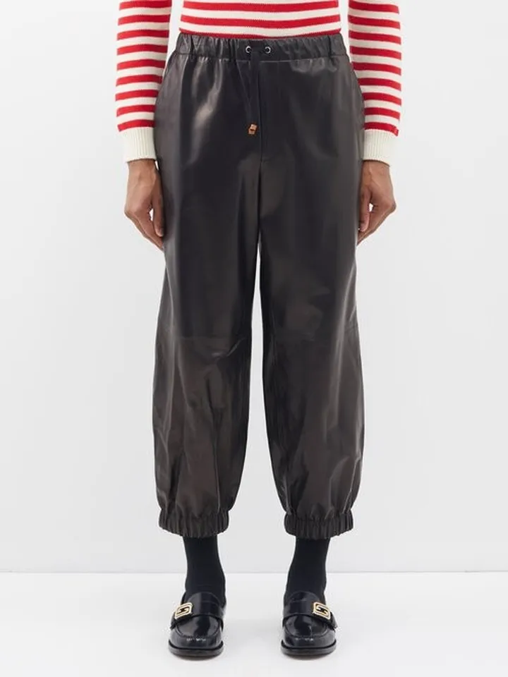 Elasticated-waist Leather Cropped Trousers