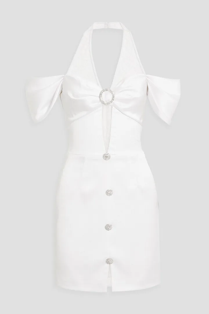 Corded lace-paneled embellished satin-crepe halterneck mini dress