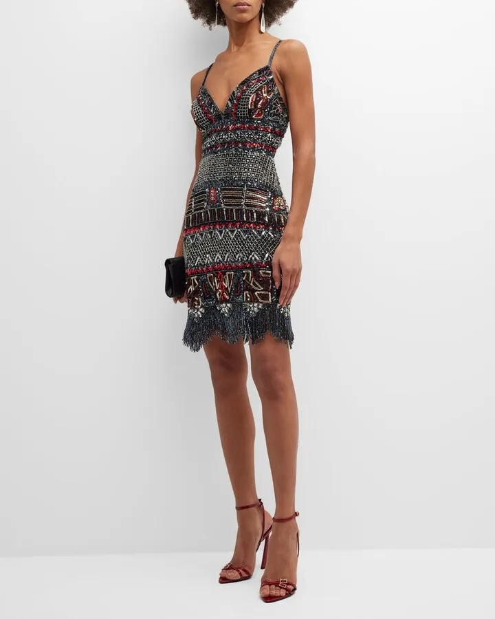 Beaded Fringe-Trim Sequin Mini Dress