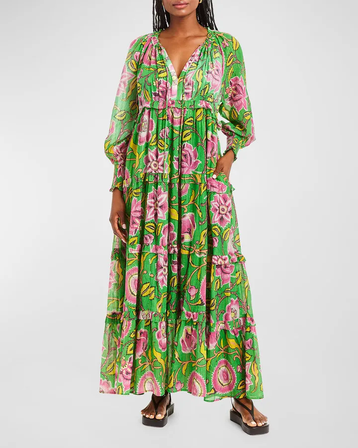 Tessa Floral Cotton Bishop-Sleeve Maxi Dress