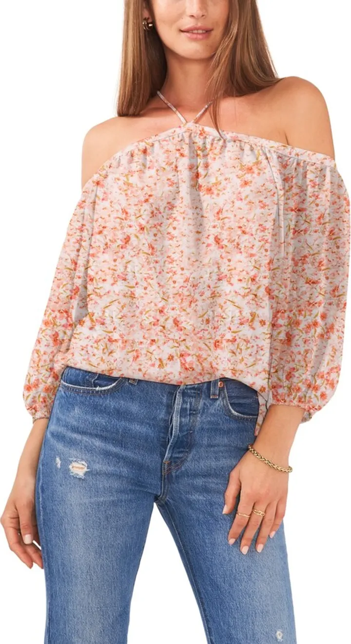1.state Women's Long Sleeve Cold Shoulder High Neck Blouse