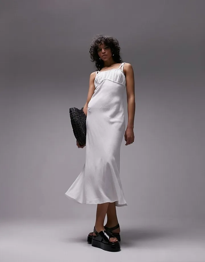 Topshop ruched pinny midi dress in ivory