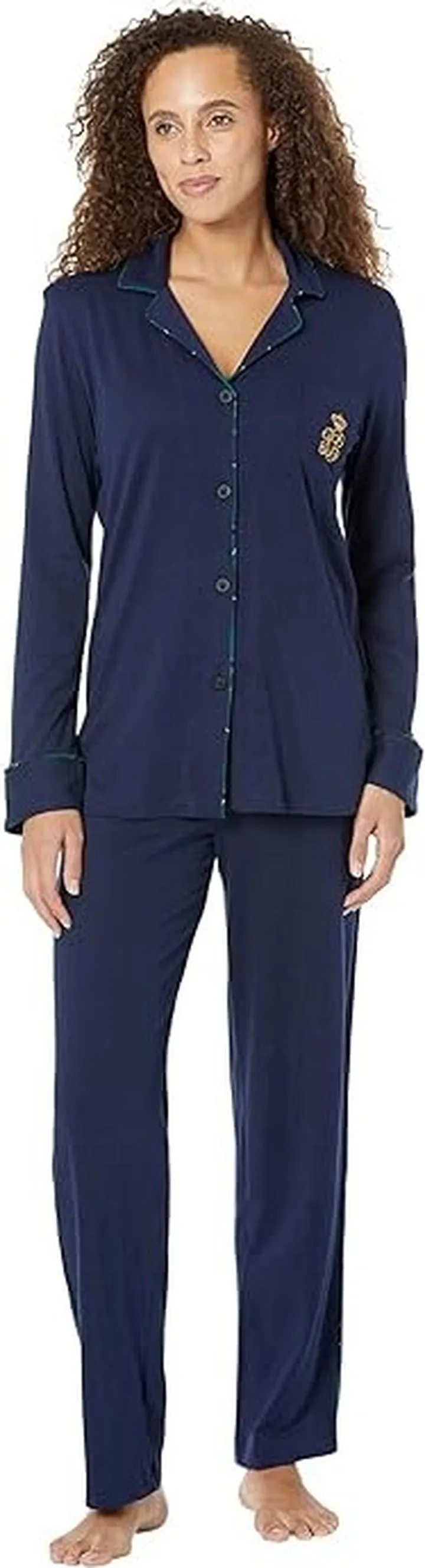 LAUREN Ralph Lauren Knit Long Sleeve Notch Collar Long PJ Set (Navy) Women's Pajama Sets