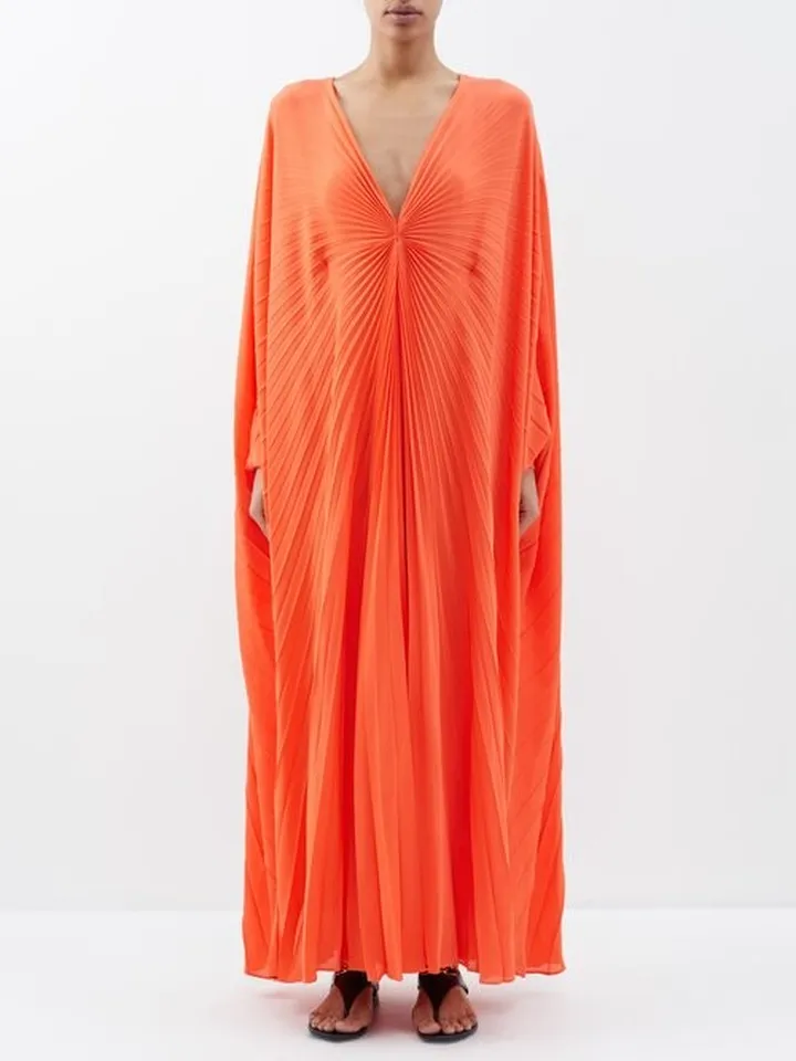 V-neck Plissé Silk Gown
