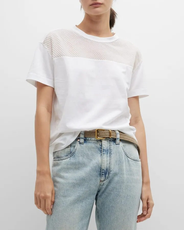 Diagonal Paillette Organza-Panel Cotton Jersey T-Shirt