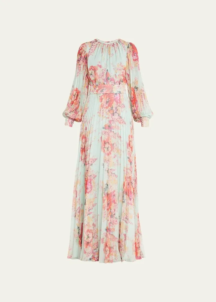 Pleated Floral-Print Blouson-Sleeve Gown