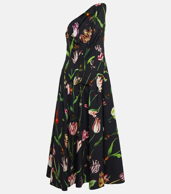 One-shoulder cotton-blend midi dress