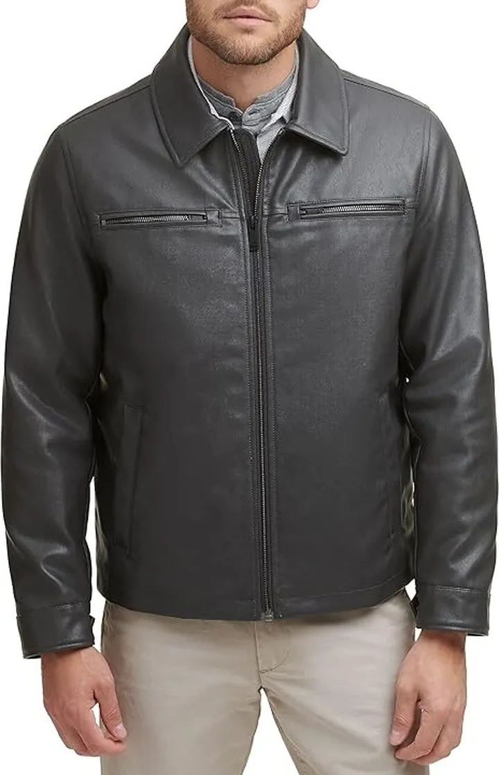 Dockers Men's James Faux Leather Jacket (Grey W. Chest Zip) Men's Jacket