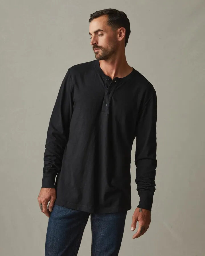 Premium Slub Henley Tee Long Sleeve - Black