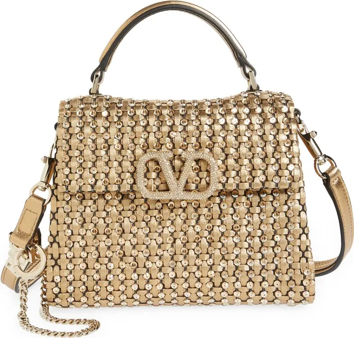 Mini VSling Sequin Embellished Woven Metallic Leather Top Handle Bag