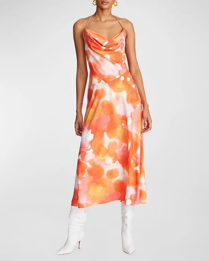 Avani Cowl-Neck Watercolor-Print Midi Dress