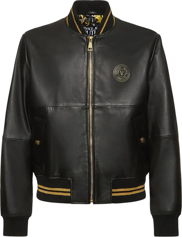 V-Emblem leather bomber jacket