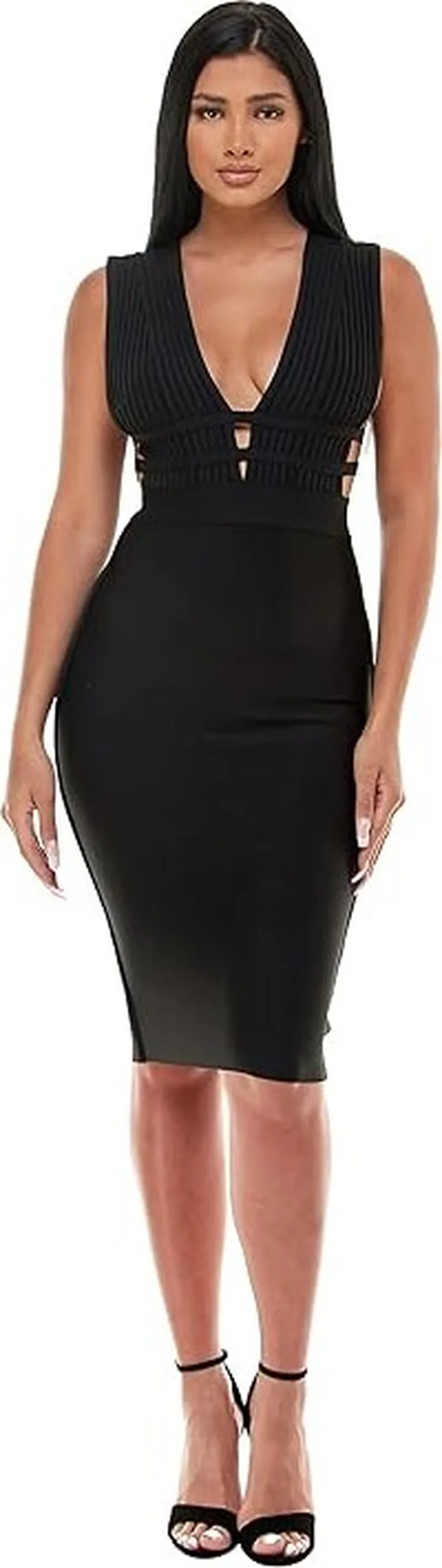 Bebe Plunge Neck Bandage Dress (Black) Women's Clothing