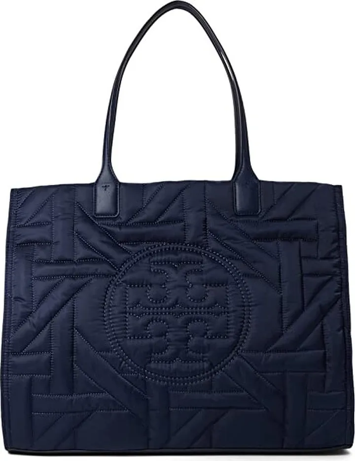 Tory Burch Ella Basket Weave Tote (Royal Navy) Handbags