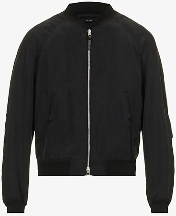 Mens Black Stand-collar Raglan-sleeve Boxy-fit Silk Bomber Jacket