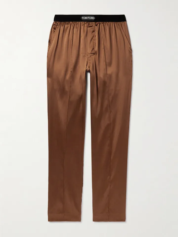 Velvet-Trimmed Stretch-Silk Satin Pyjama Trousers