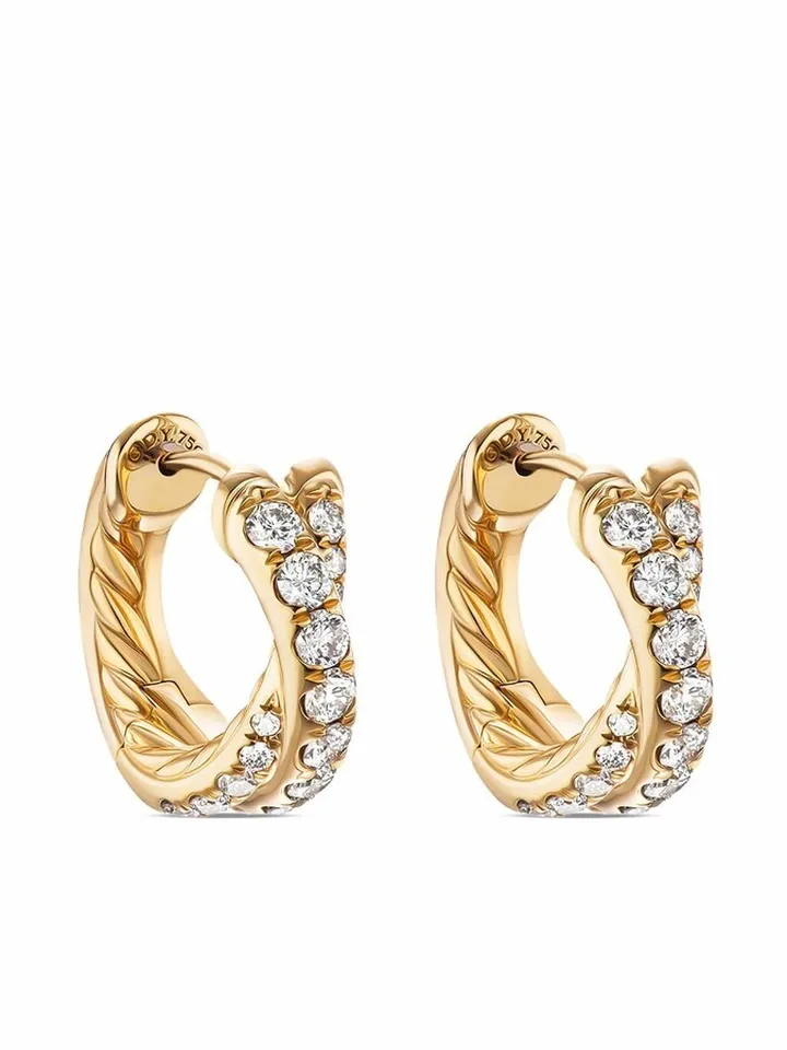 18kt Yellow Gold Diamond Pave Crossover Hoop Earrings