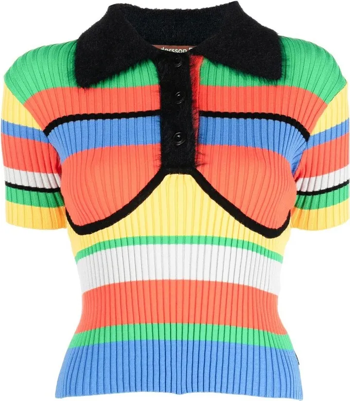 Ribbed-Knit Striped Polo Top