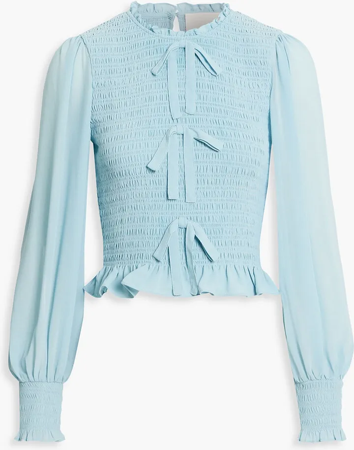 Audrina pussy-bow shirred crepe blouse