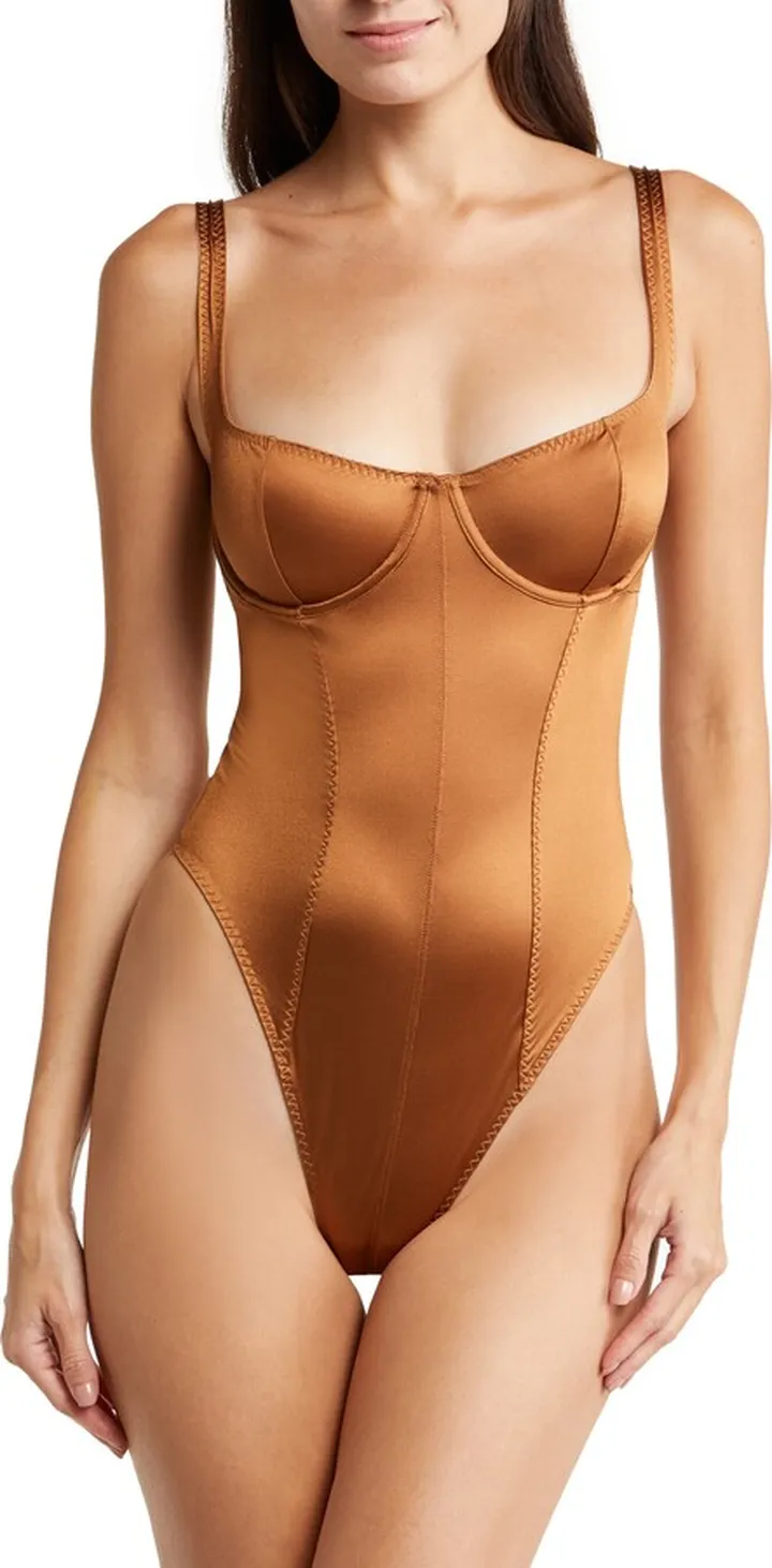 Stretch Satin Underwire Thong Bodysuit