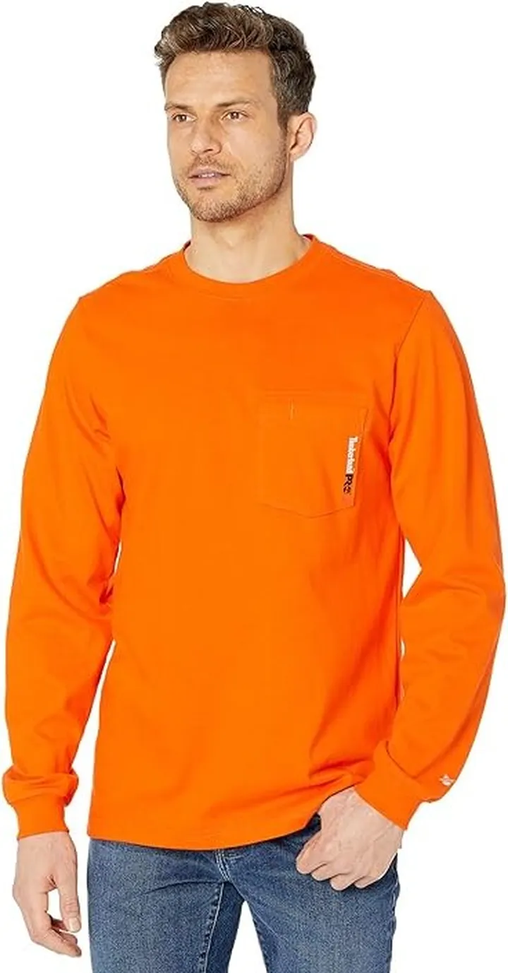 Timberland PRO FR Cotton Core Long Sleeve Pocket T-Shirt with Logo (Blaze Orange) Men's Clothing