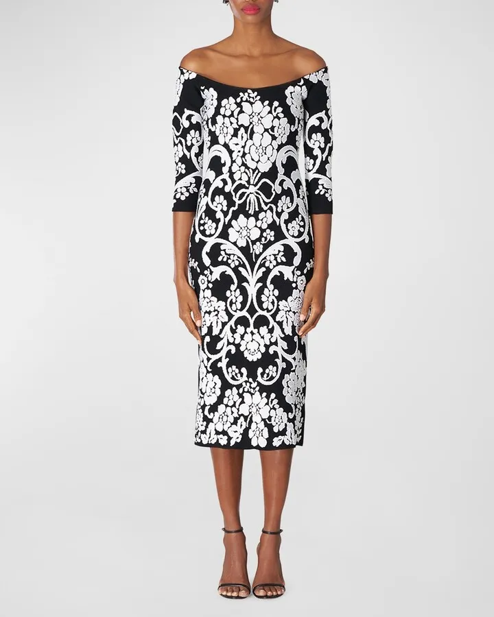 Paisley Off-Shoulder Knit Midi Dress