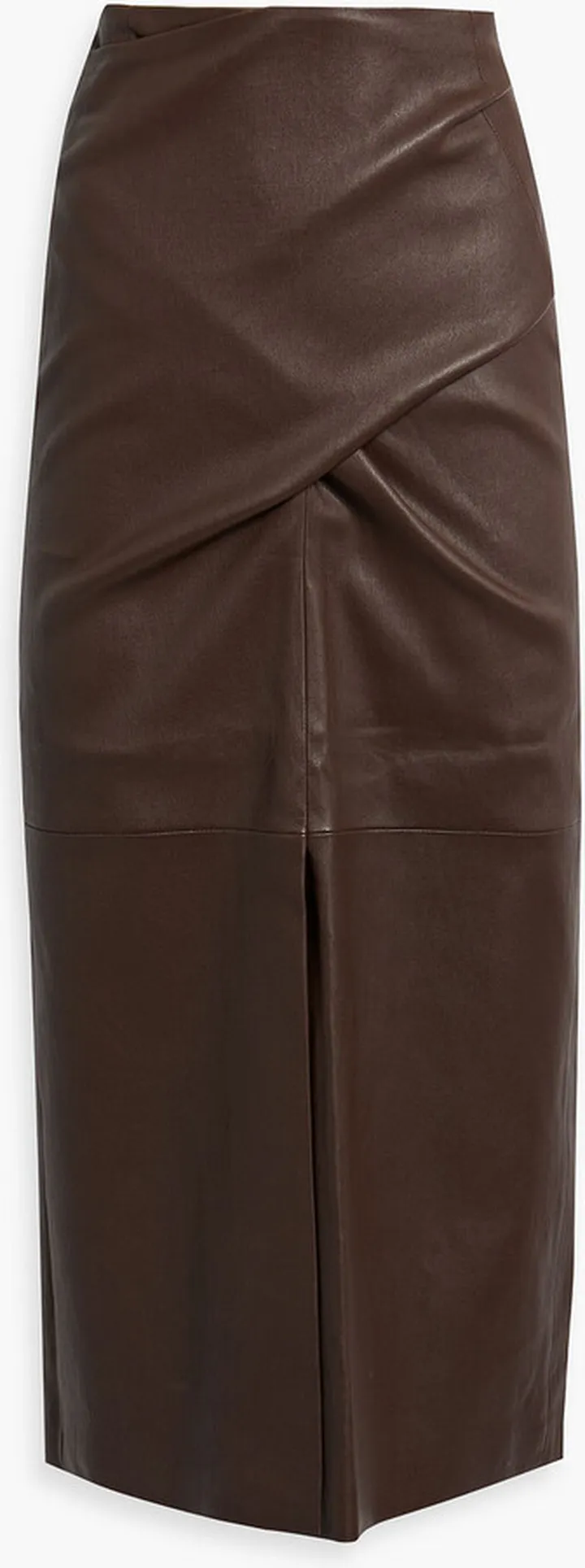 Wrap-effect leather midi skirt