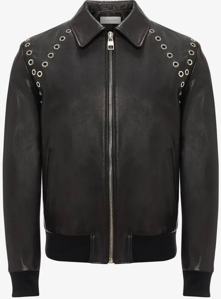 Men's Eyelets Leather Jacket In Black