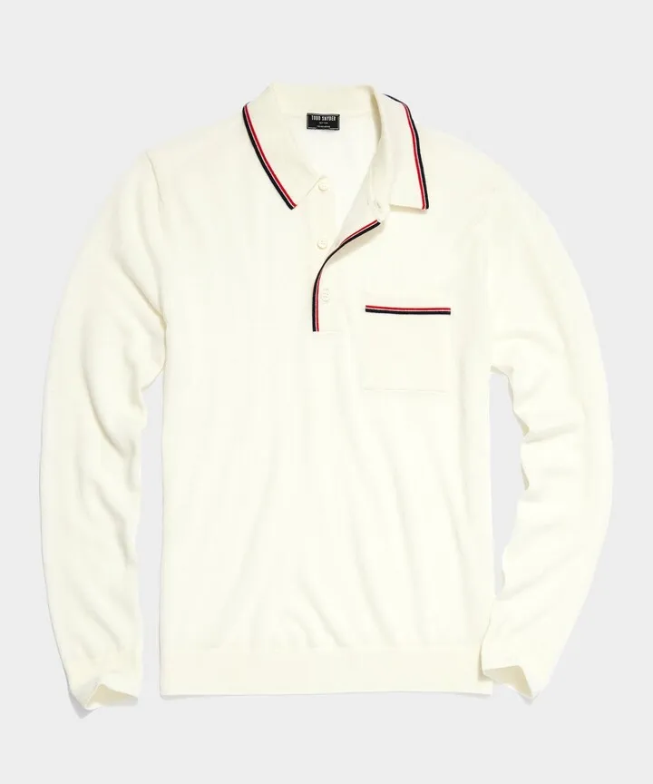 Long-Sleeve Merino Tipped Polo in Antique White