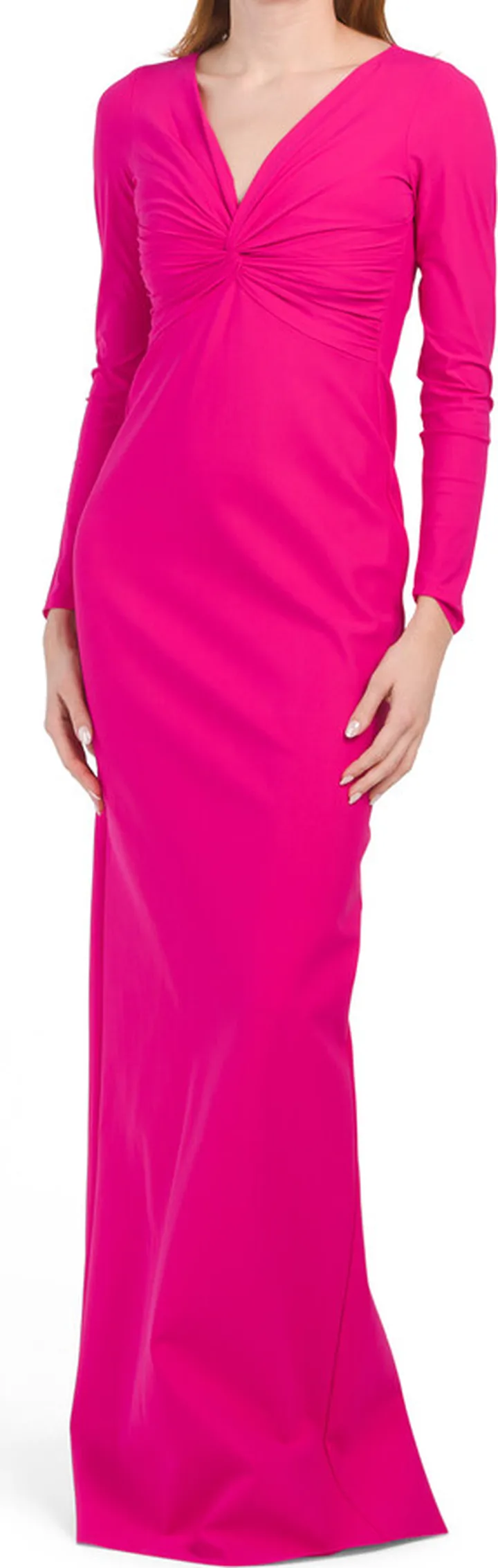 Long Sleeve V-neck Scuba Gown With Twist Front Bodice