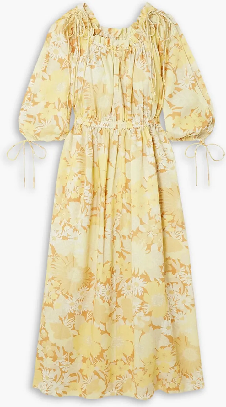 Gathered floral-print linen maxi dress