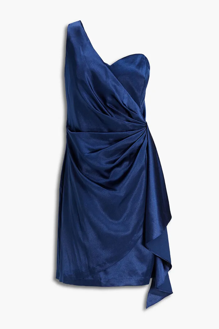 One-shoulder draped satin-crepe mini dress