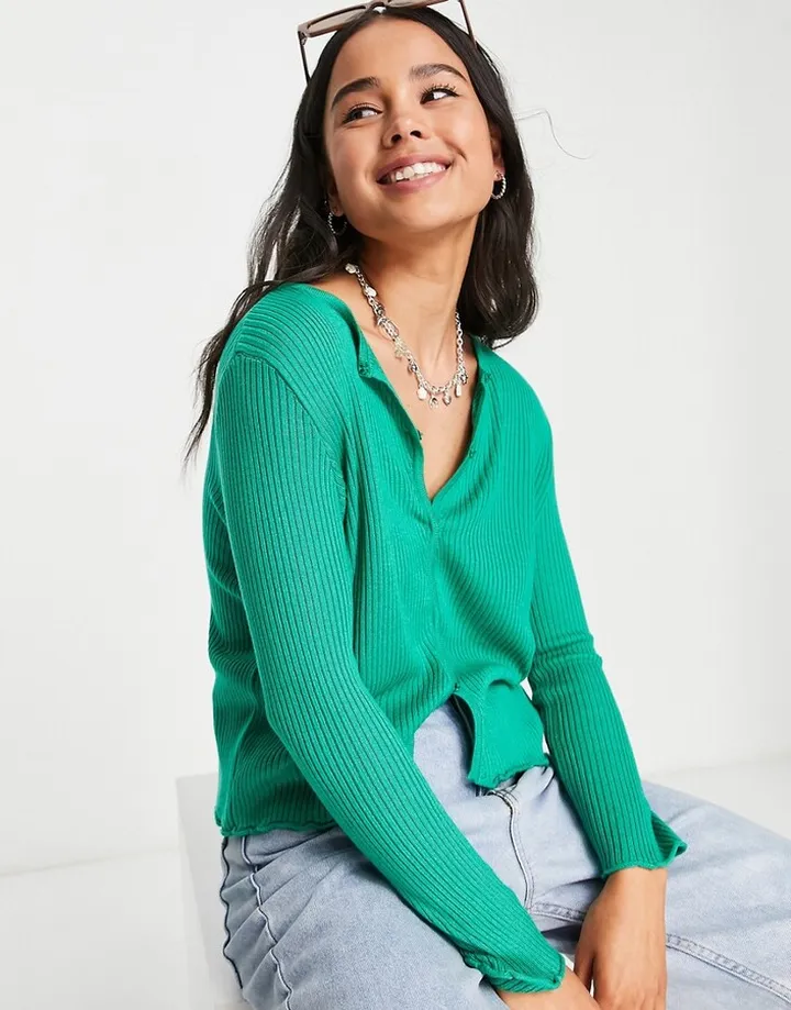Topshop knitted snap front cardigan in bright green