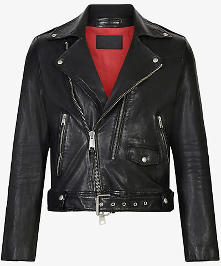 Mens Black Dren Biker-collar Zip-detail Leather Jacket