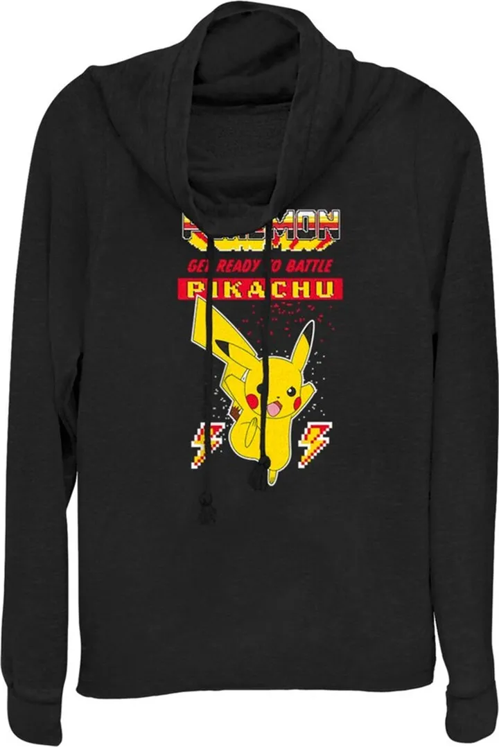 Junior's Pokemon Get Ready to Battle Pikachu Retro Cowl Neck Sweatshirt - Black - X Small