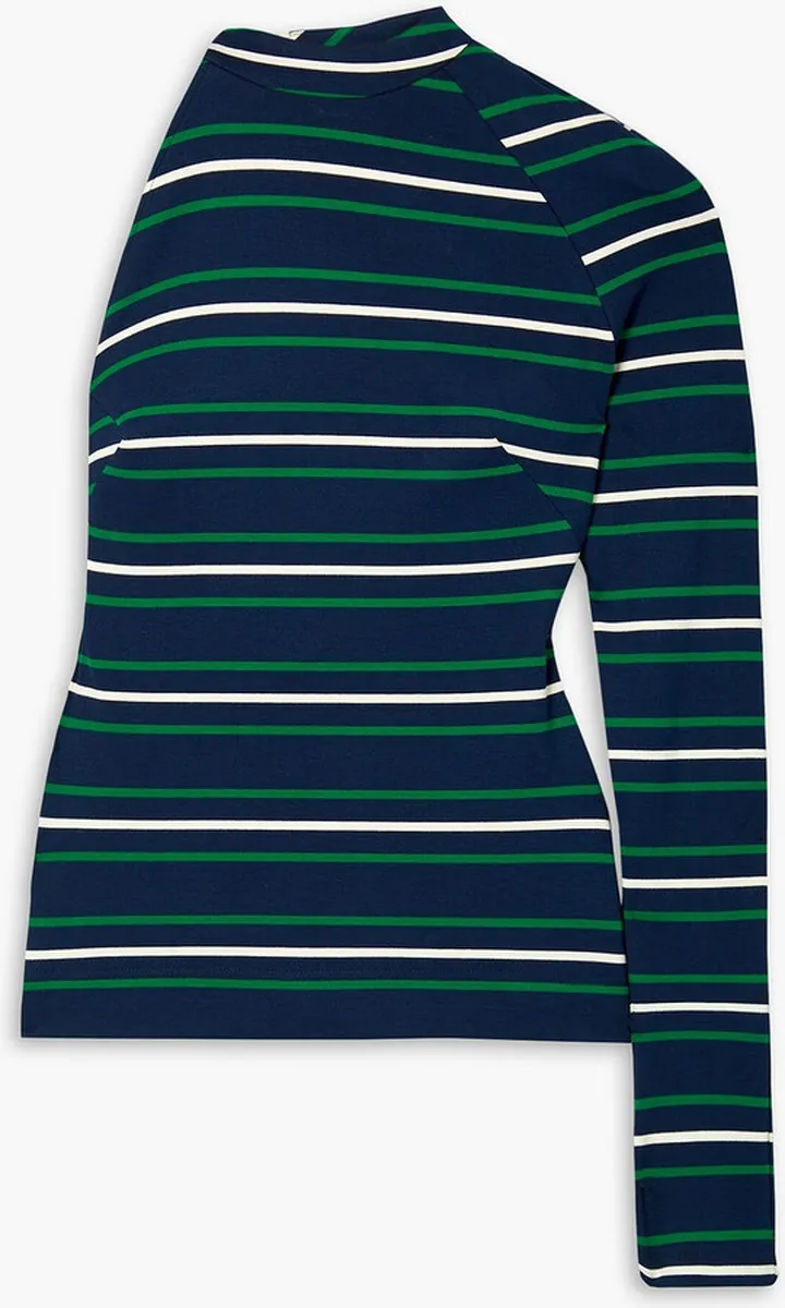 One-sleeve open-back striped stretch-jersey halterneck top
