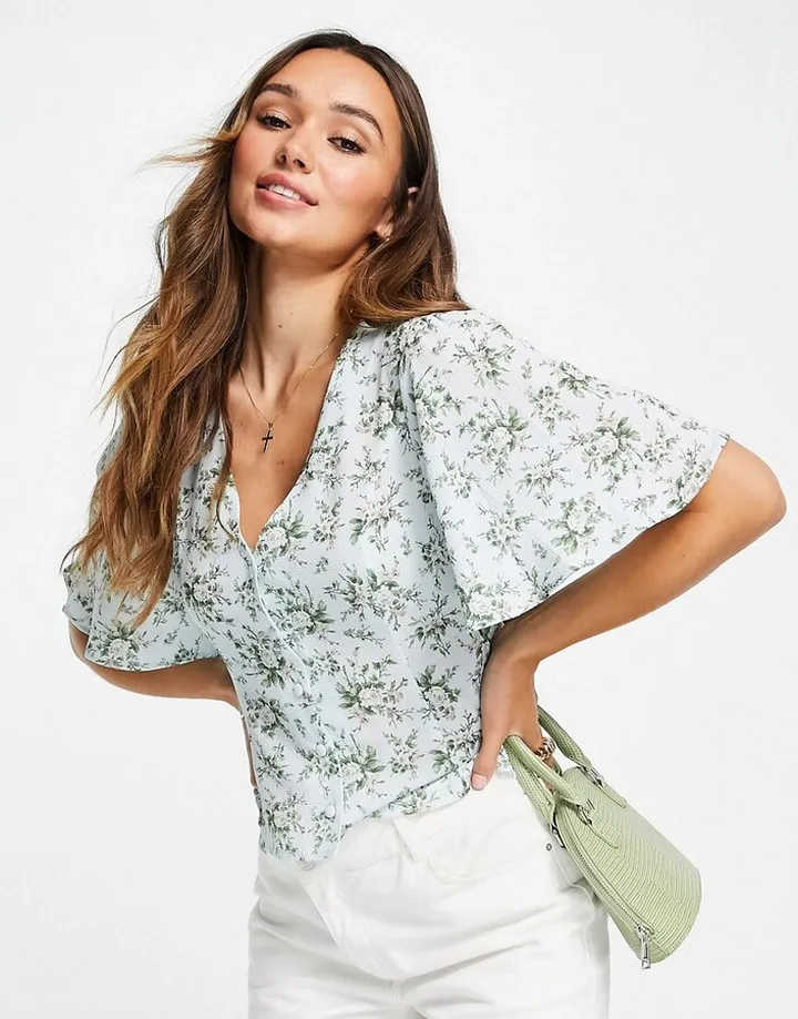 ASOS DESIGN short sleeve tea blouse in blue floral print