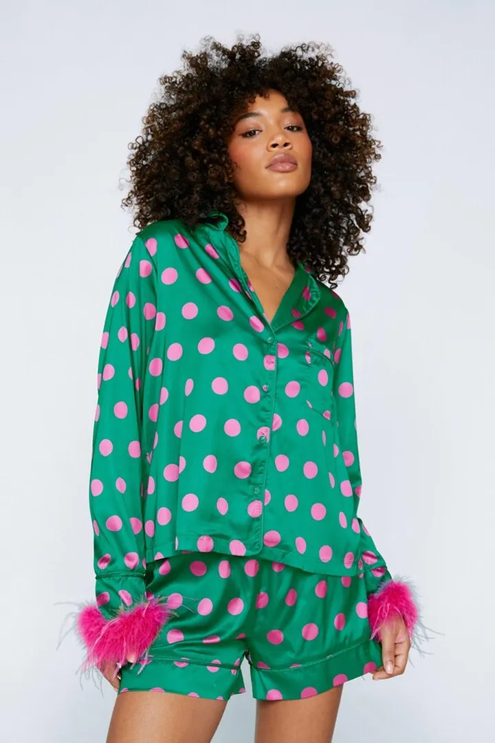 Nasty Gal Womens Polka Dot Feather Trim Pajama Shirt and Shorts Set