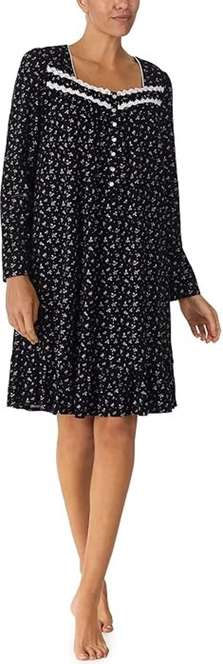 Eileen West 38 Short Long Sleeve Nightgown (Black Ground Rose Buds) Women's Pajama