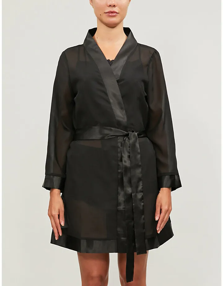 Womens Black Satin-trim Chiffon Kimono