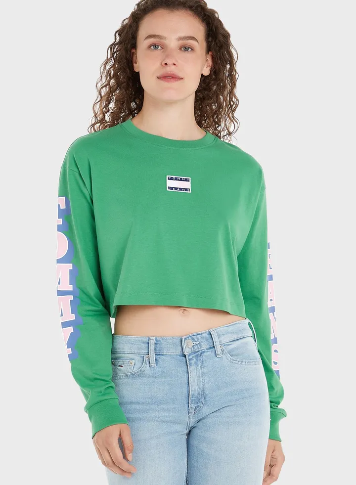 Crew Neck Graphic Sleeve Crop Top