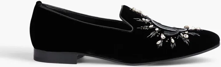 Sache crystal-embellished logo-embroidered velvet loafers