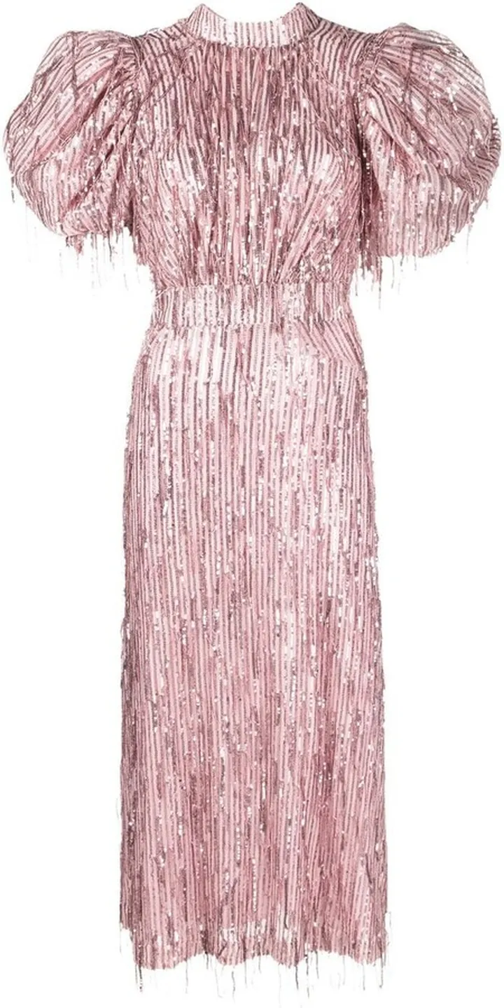 Puff-Sleeve Sequin Fringed Dress