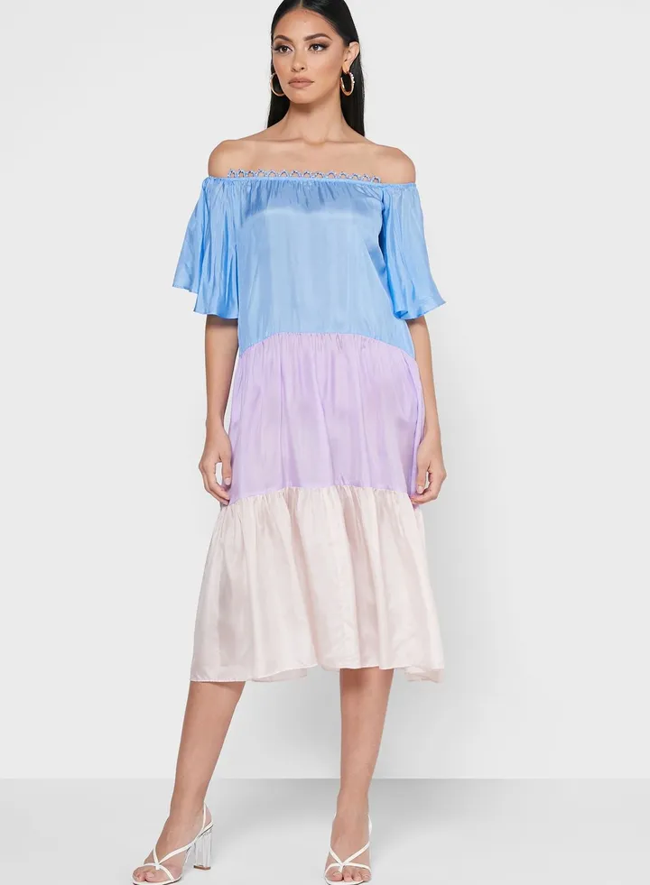 Saria Bardot Scallop Detail Tiered Dress